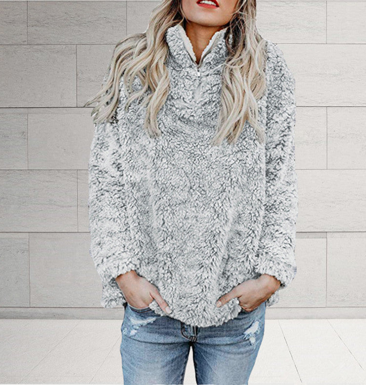 Damen Flauschige Fleece-Pulloverjacke mit hohem Kragen und Reißverschluss R&B