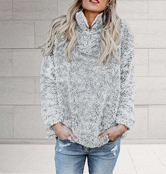 Damen Flauschige Fleece-Pulloverjacke mit hohem Kragen und Reißverschluss R&B
