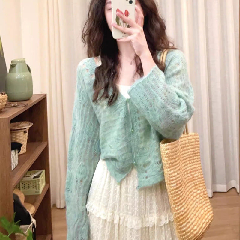 Damen luftiger Strickcardigan mit feiner Lochmusterstruktur und weitem Schnitt R&B