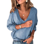Damen lockerer Strickpullover mit V-Ausschnitt und überschnittenen Schultern R&B