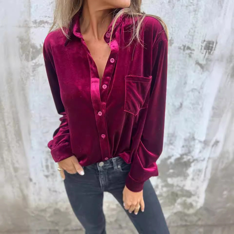 Damen Elegante Veloursbluse mit Brusttasche R&B