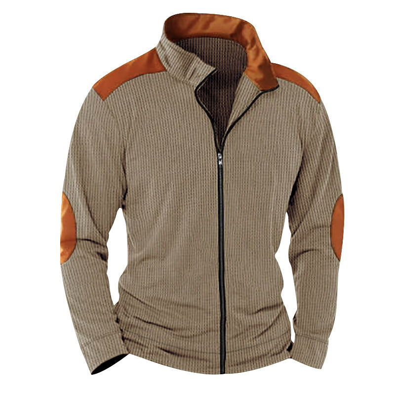 Herren nan strukturierte Strick‑Hybridjacke mit Stehkragen Kontrasteinsätzen und Ellbogenpatches R&B