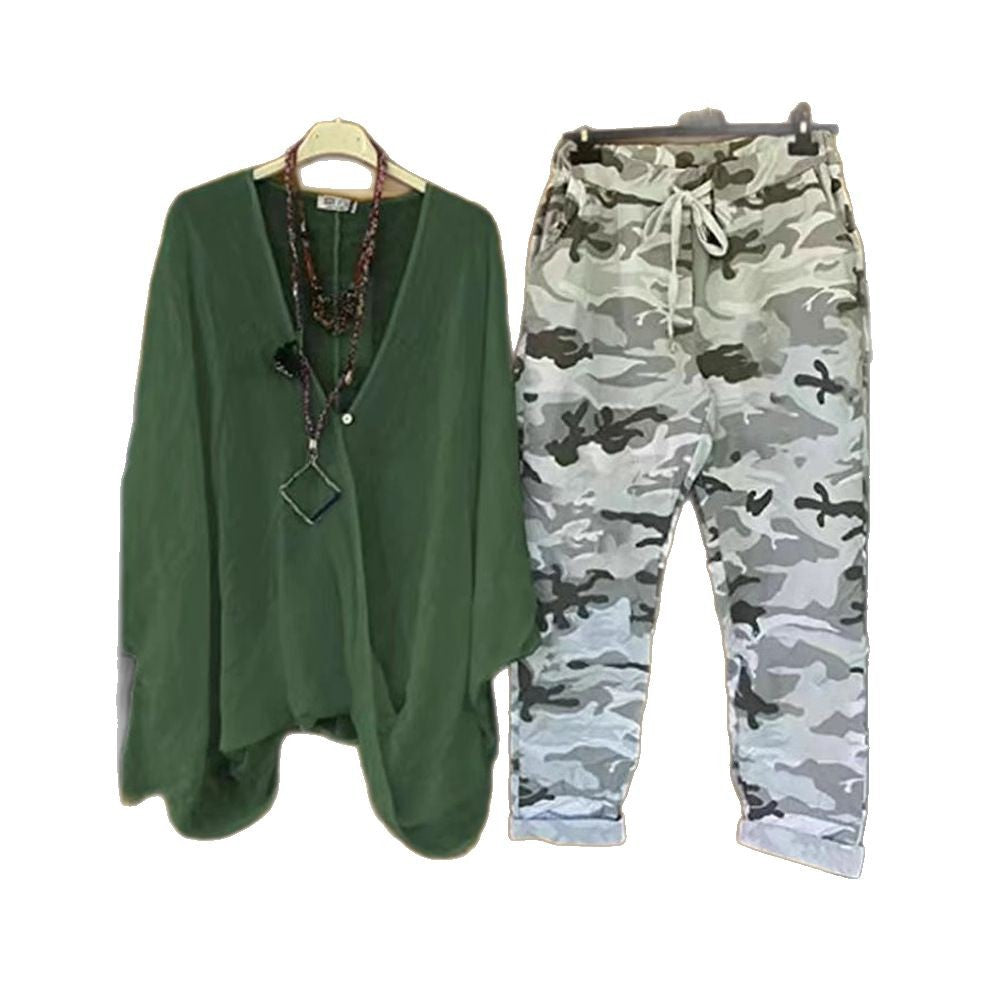 Damen nan Zweiteiler aus fließendem Kimono-Top und Camouflage-Jogginghose R&B