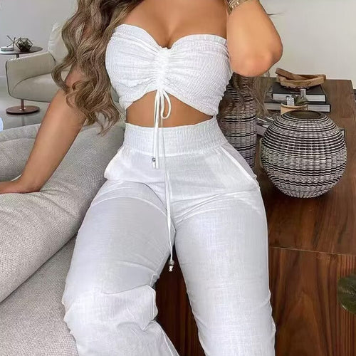 Damen Zweiteiliges Outfit aus leichtem Material mit verstellbarem Crop-Top und High-Waist-Hose R&B