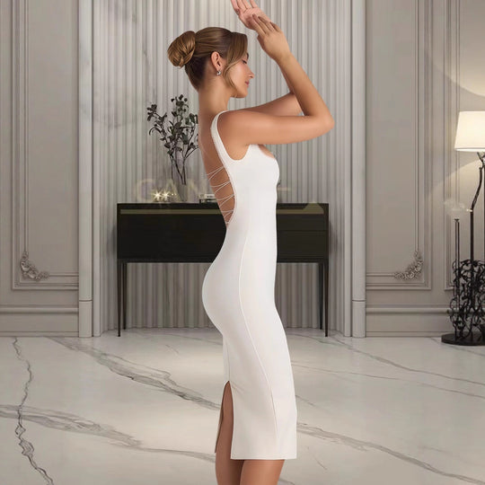 Damen Figurumspielendes Midi-Kleid mit quadratischem Ausschnitt und schmalem Schnitt R&B