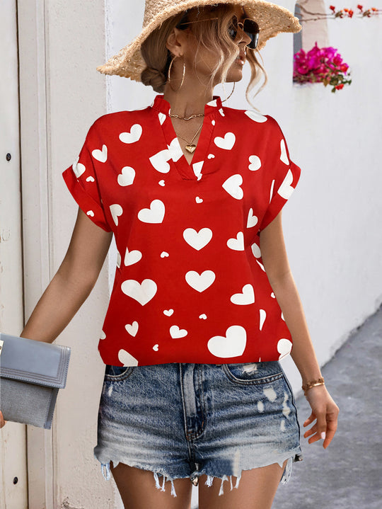 Damen luftiges Blusenshirt mit herzförmigem Print und lockerer Passform R&B