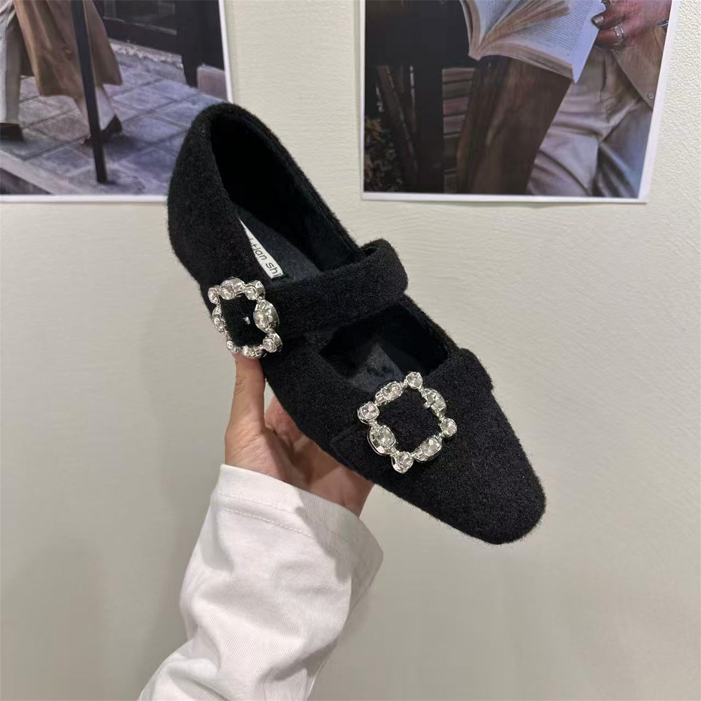 Damen elegante Filz-Mary Jane Schuhe mit schimmernden Schnallen R&B