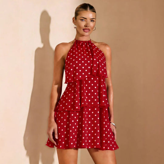 Damen Rüschensommerkleid mit gepunktetem Design und zauberhaftem Ausschnitt R&B