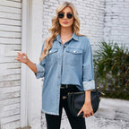 Damen Denim-Überhemd mit fransigem Saum und aufgesetzten Taschen R&B