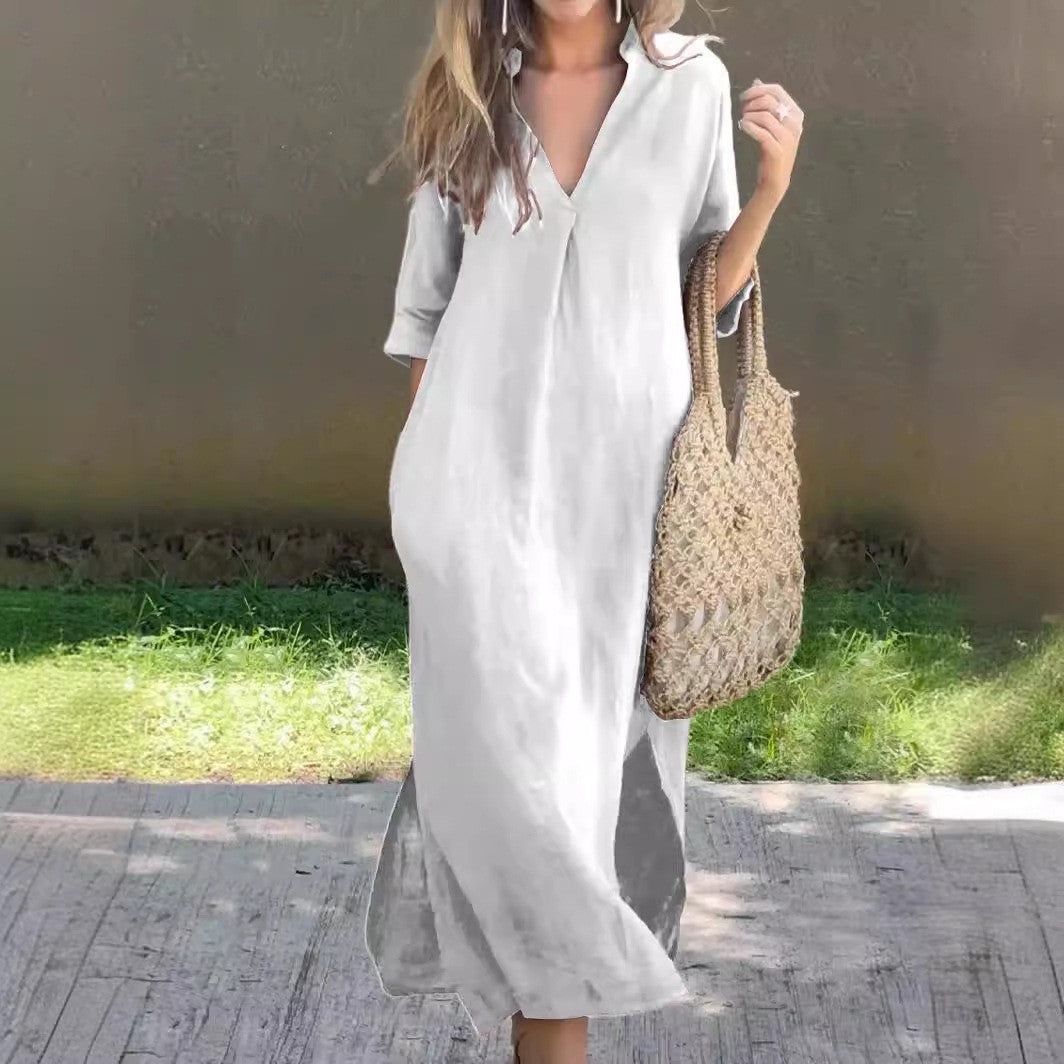 Damen lässiges Maxi-Kleid mit V-Ausschnitt R&B