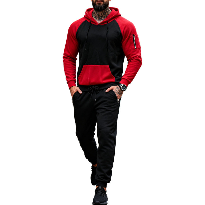 Herren nan zweiteiliges Kapuzen-Sweatset mit Raglanärmeln, Ärmel-Zip-Tasche und tapered Jogginghose R&B