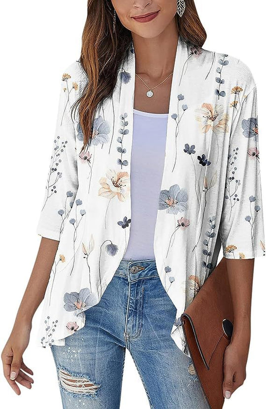 R&B | Einfarbige Strickjacke mit sieben Viertelärmeln und Rüschenrand