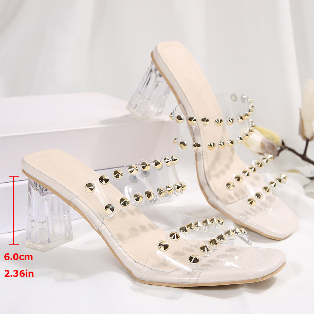 Damen Glamouröse Sandalen mit transparenten Riemen und goldenen Nieten R&B