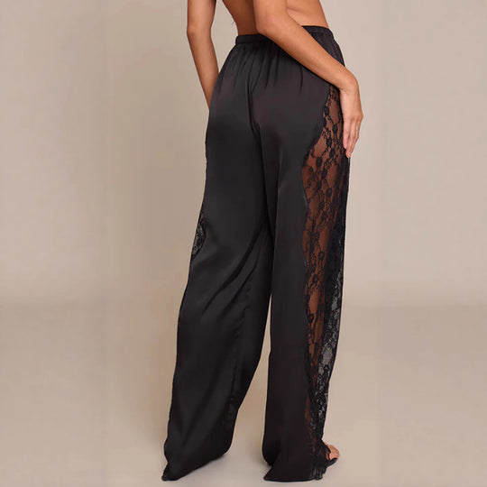 Damen nan Satinhose mit seitlichen Spitzeneinsätzen, weitem Bein und Tunnelzug R&B