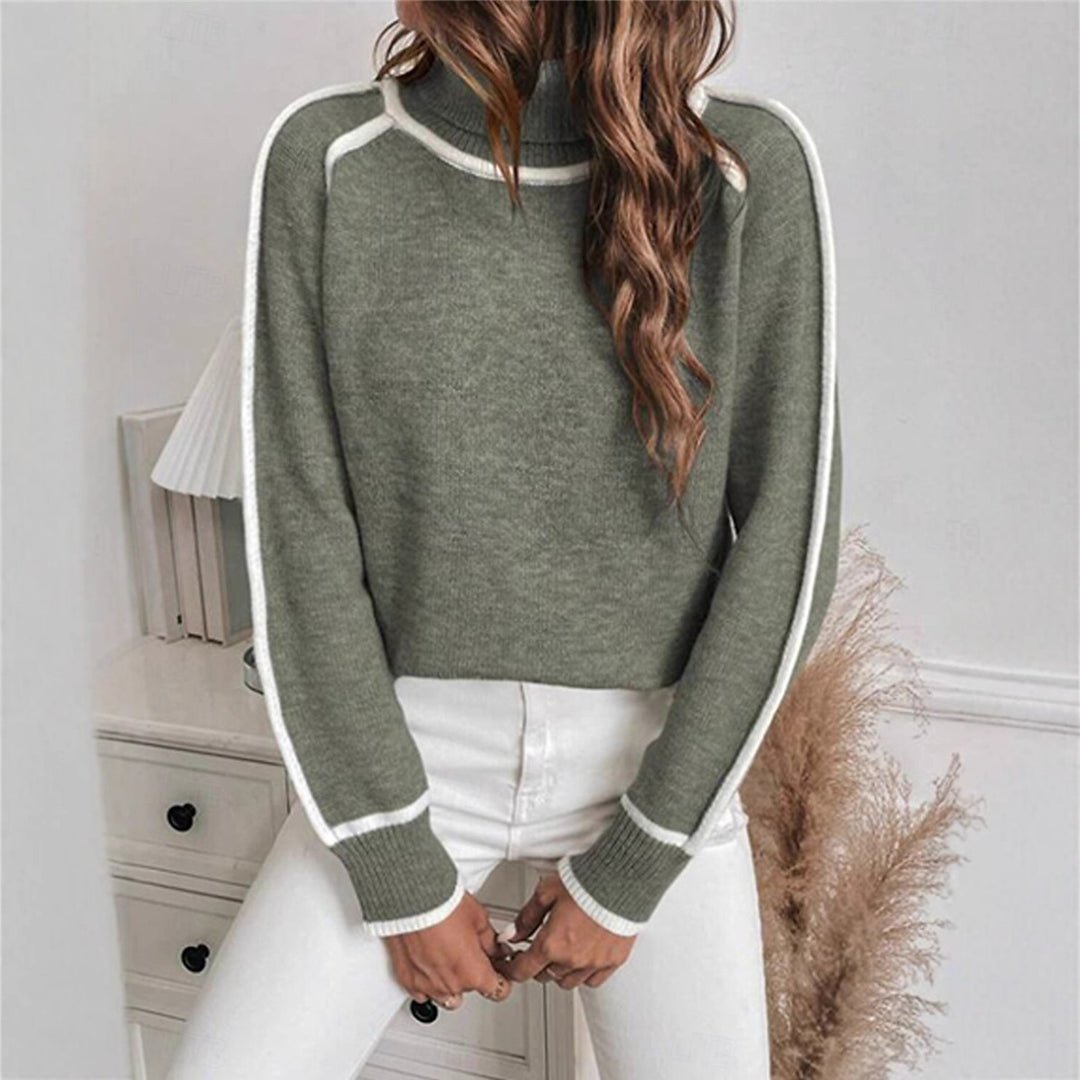 Damen Eleganter Rollkragenpullover mit Strukturierter Strickoberfläche und Farblich Abgesetzten Akzenten R&B