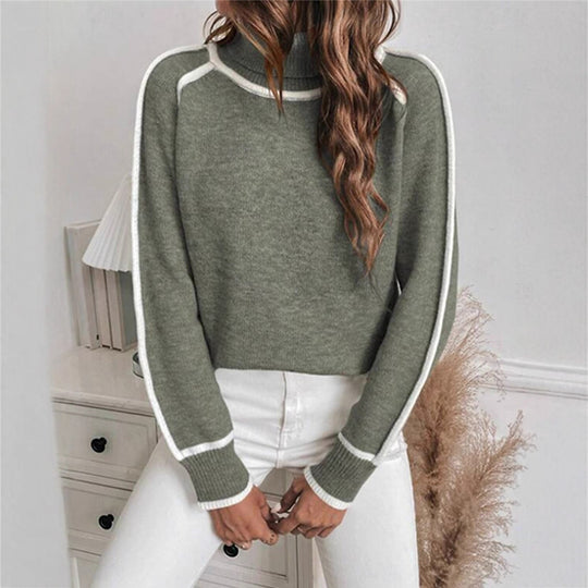 Damen Eleganter Rollkragenpullover mit Strukturierter Strickoberfläche und Farblich Abgesetzten Akzenten R&B