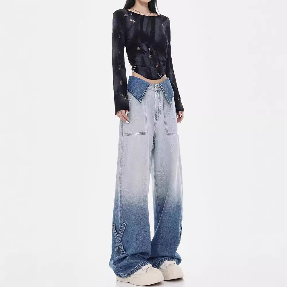 Damen Weite Denim-Jeans mit einzigartigem Farbverlauf und modischen Akzenten R&B