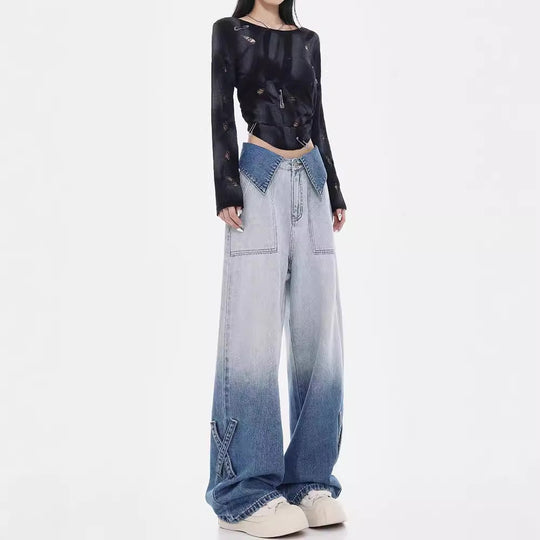 Damen Weite Denim-Jeans mit einzigartigem Farbverlauf und modischen Akzenten R&B