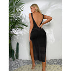 Damen Häkel-Midi-Kleid mit sexy seitlichen Schlitzen und raffiniertem Netzdesign R&B
