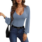 Damen figurbetontes Langarmshirt mit V-Ausschnitt und Ballonärmeln R&B