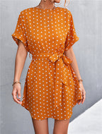 Damen Freizeitkleid mit modischem Punkte-Muster und Taillengürtel R&B