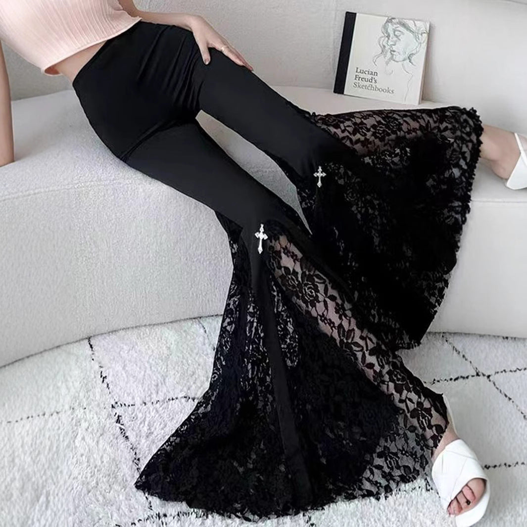 Damen Elegante Schlaghose mit Spitzenapplikationen