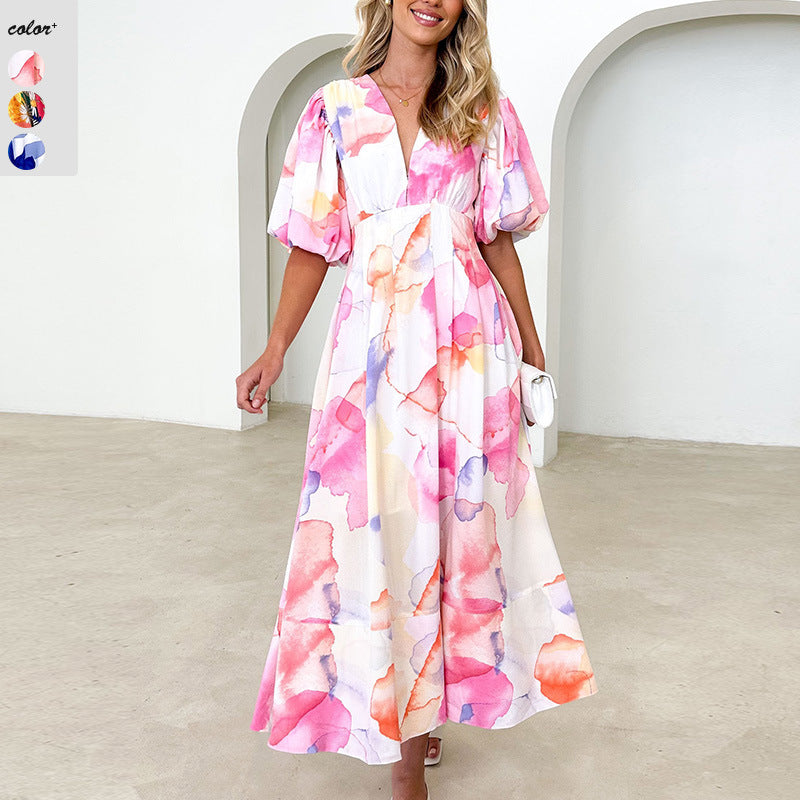 Damen Maxikleid mit buntem floralen Design und lässigen Puffärmeln R&B