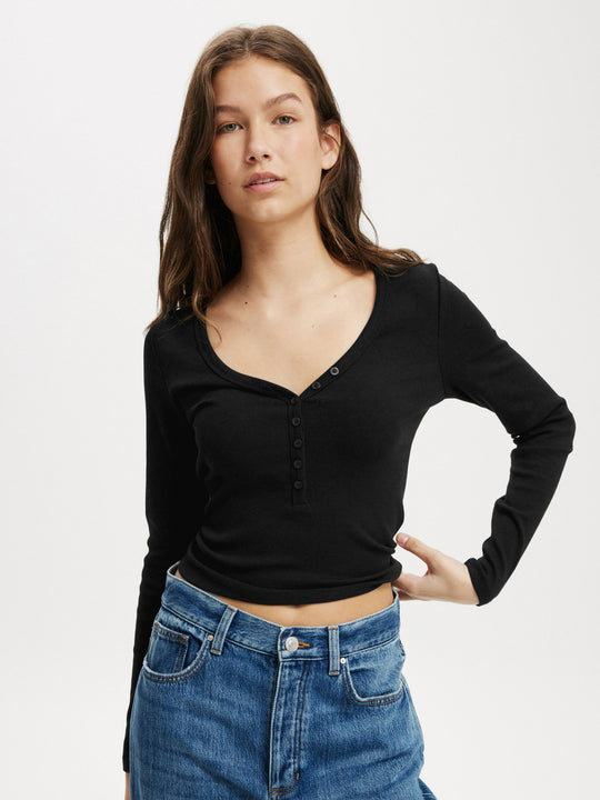 Damen Langarmshirt mit tiefem V-Ausschnitt und Knopfleiste R&B