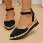 Damen nan geschlossene Velours-Espadrille mit Keilplattform, verstellbarem Knöchelriemen und geflochtenem Bastrand R&B