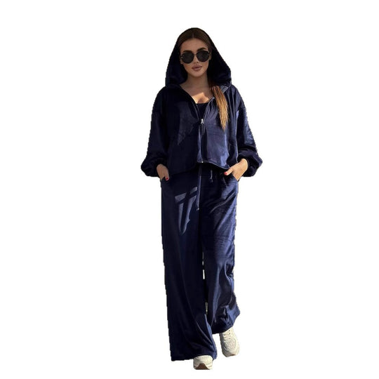Damen sportliches Set aus weichem Velours mit cropped Top und weiter Jogginghose R&B