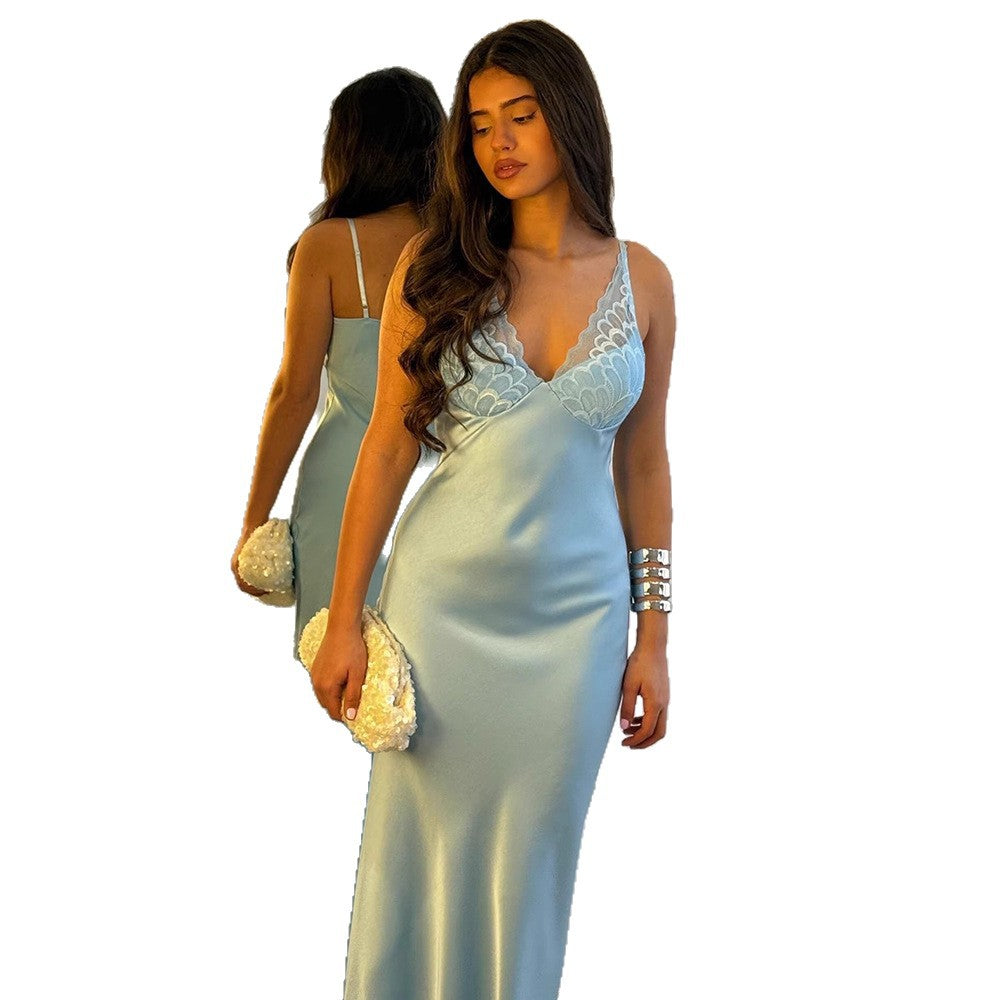 Damen Elegantes Seiden-Maxikleid mit Spitzenverzierung R&B