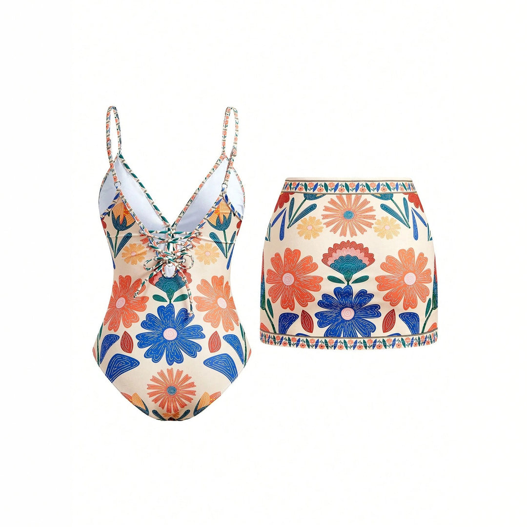 Damen Blumenmuster Badeanzug mit passendem Rock R&B