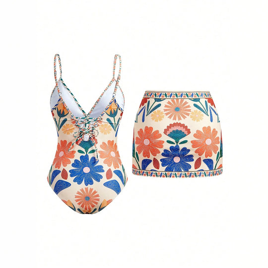 Damen Blumenmuster Badeanzug mit passendem Rock R&B