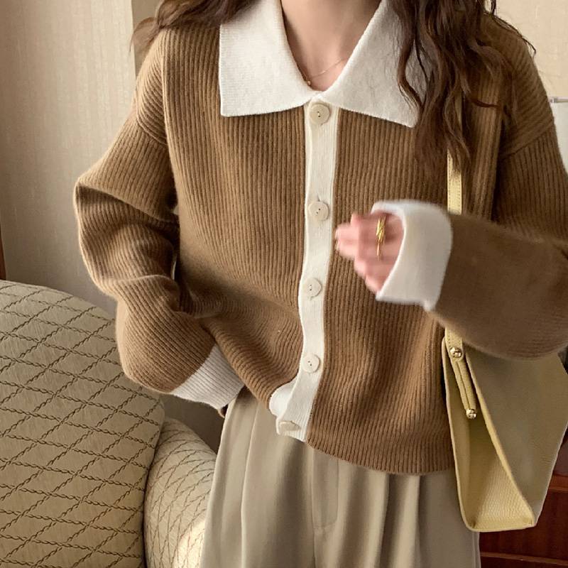 Damen Übergrößen Strickjacke mit kontrastierenden Kragen und Knopfdetail R&B
