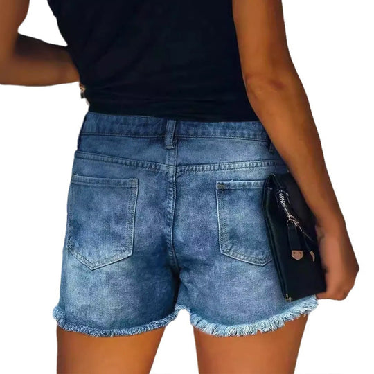 Damen Destroyed Denim-Shorts mit fransigen Taschen und modischen Aufnähern R&B