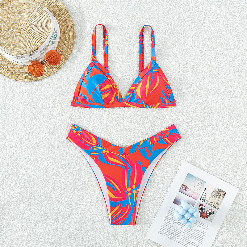 Damen Triangel-Bikini mit floralem Muster und hochgeschnittenen Höschen R&B
