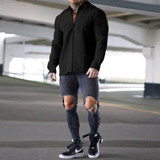 Herren lässiges Kurzarm-Hemd mit strukturiertem Design und modernem Reißverschluss R&B