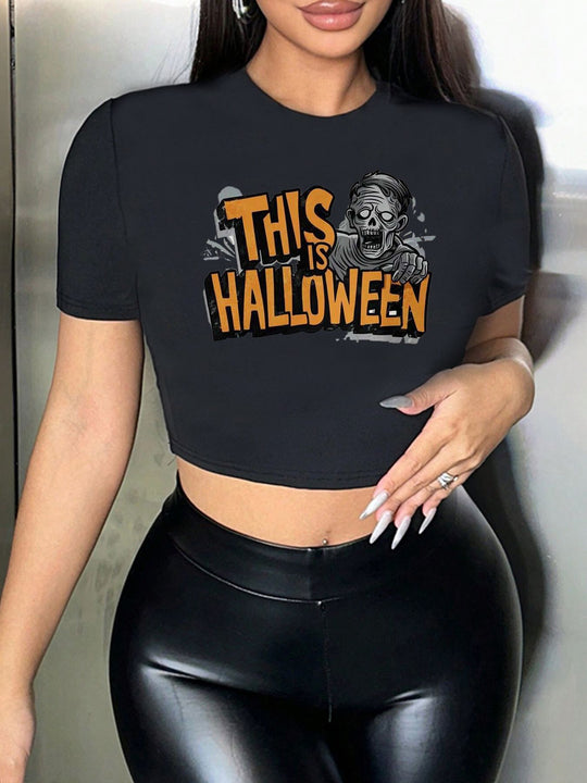 Damen Crop-T-Shirt mit kreativem Lippenmotiv und figurbetontem Schnitt R&B