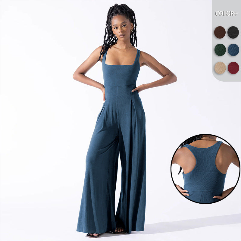 Damen Eleganter Jersey Jumpsuit mit weitem Bein und tiefem Ausschnitt R&B