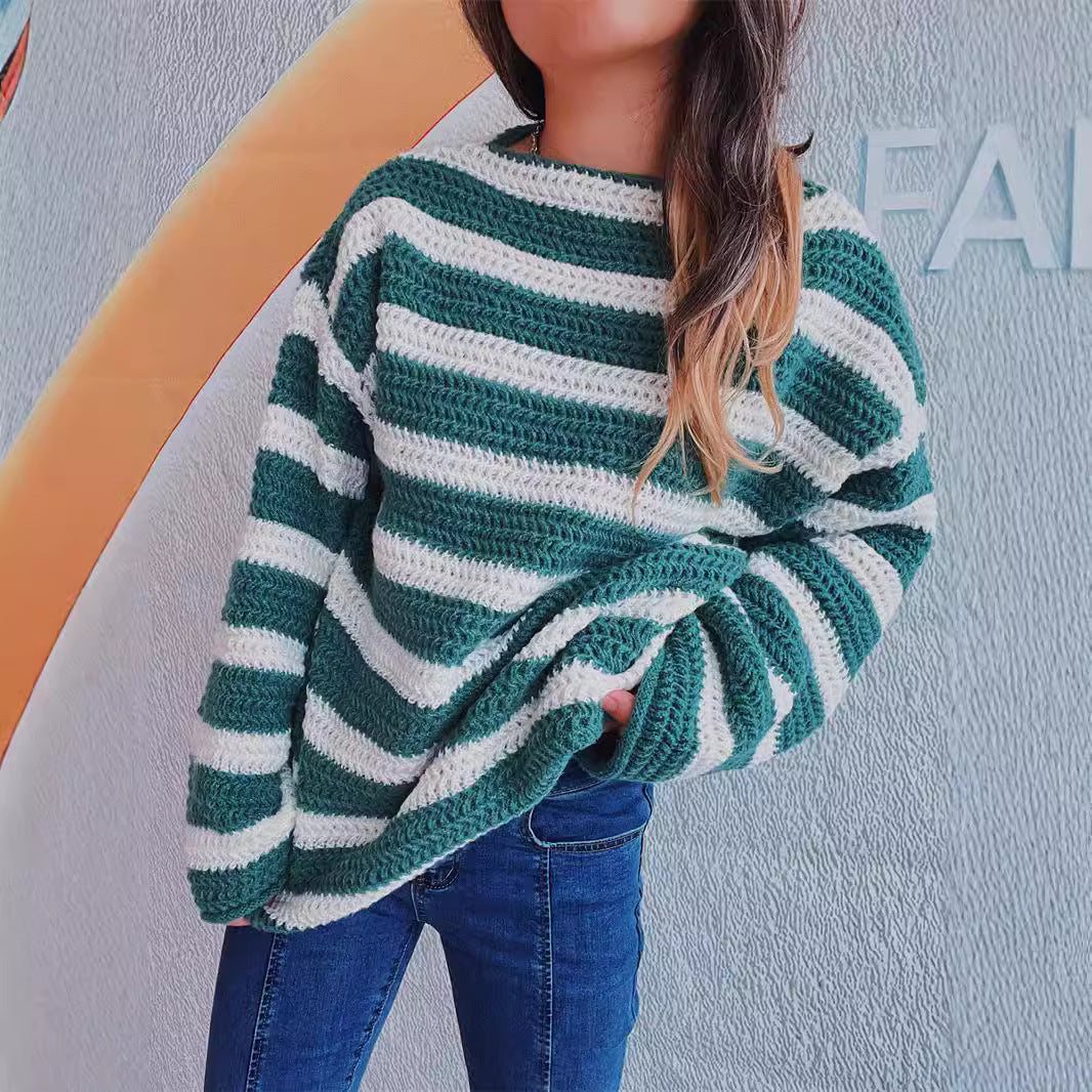 Damen lässiger Strickpullover mit blockierendem Streifenmuster und weitem Schnitt R&B