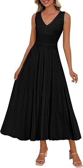 Damen Plisseekleid mit V-Ausschnitt und weitem Saum R&B