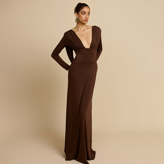 Damen Elegantes Maxikleid mit tiefem V-Ausschnitt und langen Ärmeln R&B