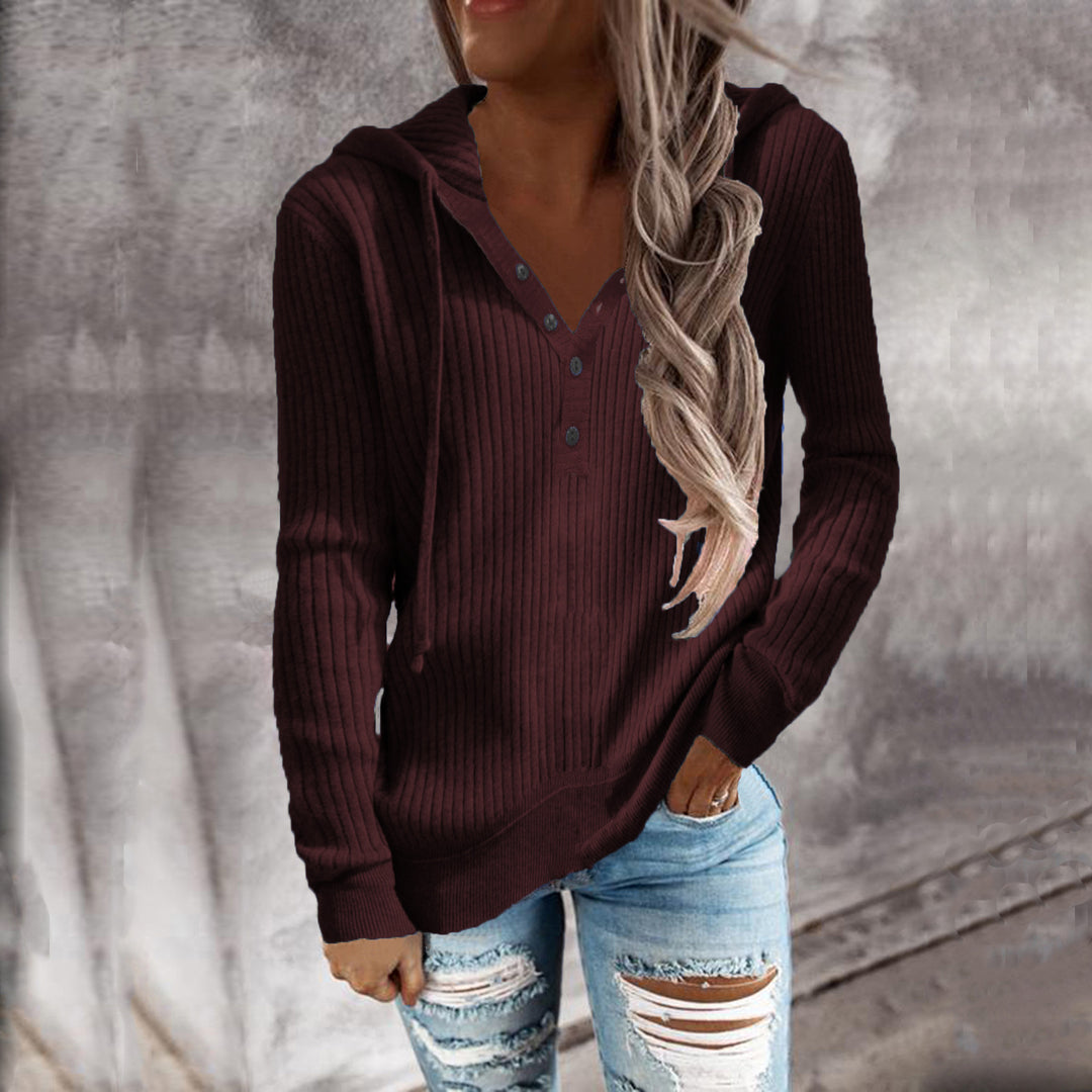 Damen Kapuzenpullover mit feinem Rippstrick und Knopfleiste R&B