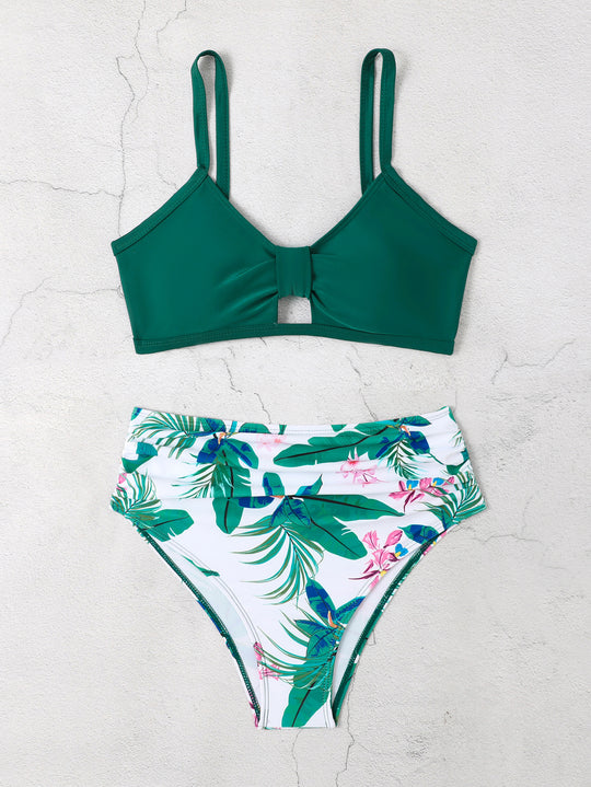 Damen Bikini-Set mit floralem Hochbund und modischem Knoten R&B