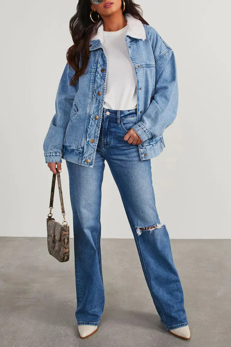 R&B | Damen Denimjacke mit Fleecekragen Trendy und Bequem für Jeden Tag