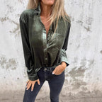 Damen Elegante Samtbluse mit klassischem Hemdkragen und langen Ärmeln R&B