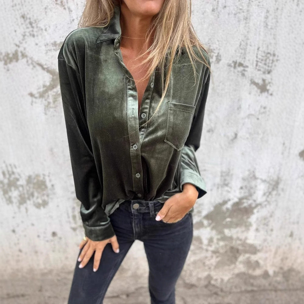 Damen Elegante Samtbluse mit klassischem Hemdkragen und langen Ärmeln R&B