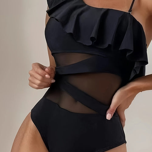 Damen Einteiler Badeanzug mit asymmetrischem Rüschendesign und eleganten Cut-Out-Details R&B