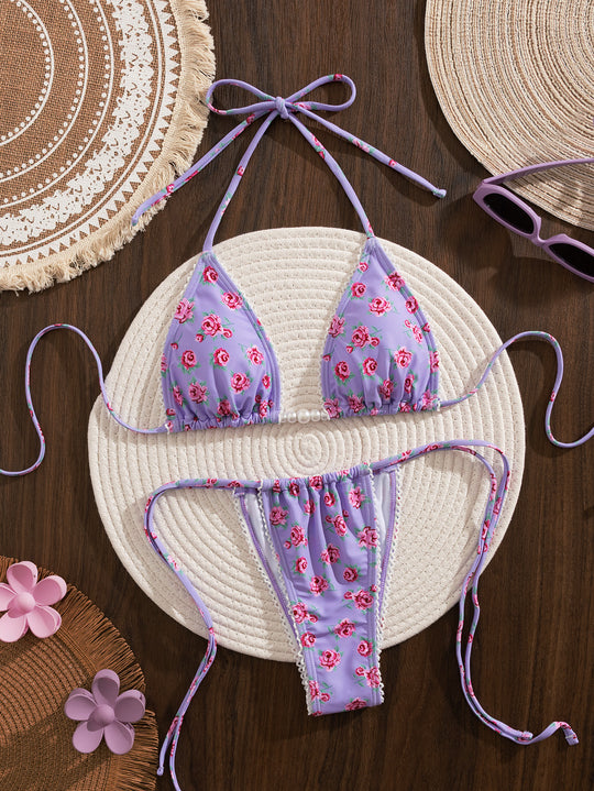 Damen Triangel-Bikini mit floralem Druck und verspielten Rüschen R&B
