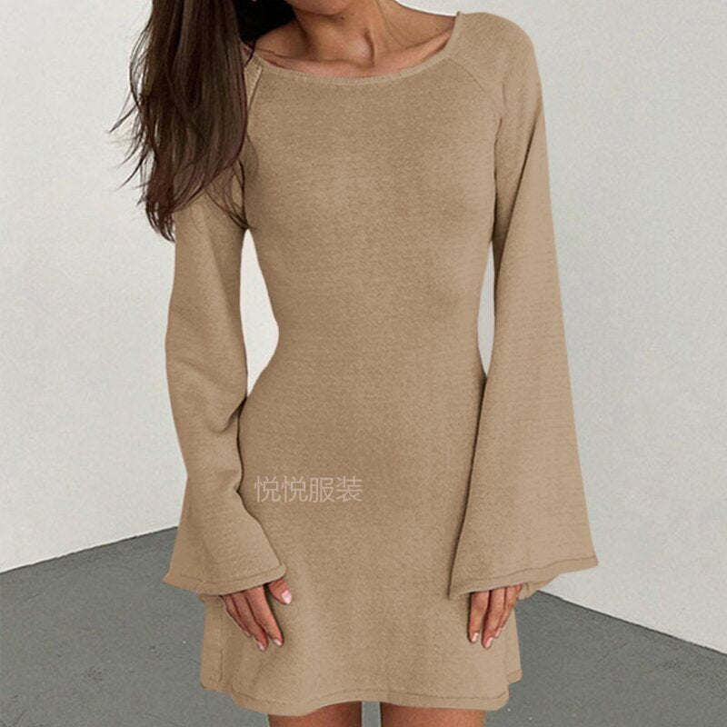 Damen elegantes Strickkleid mit weitem Ärmel und figurbetonter Silhouette R&B
